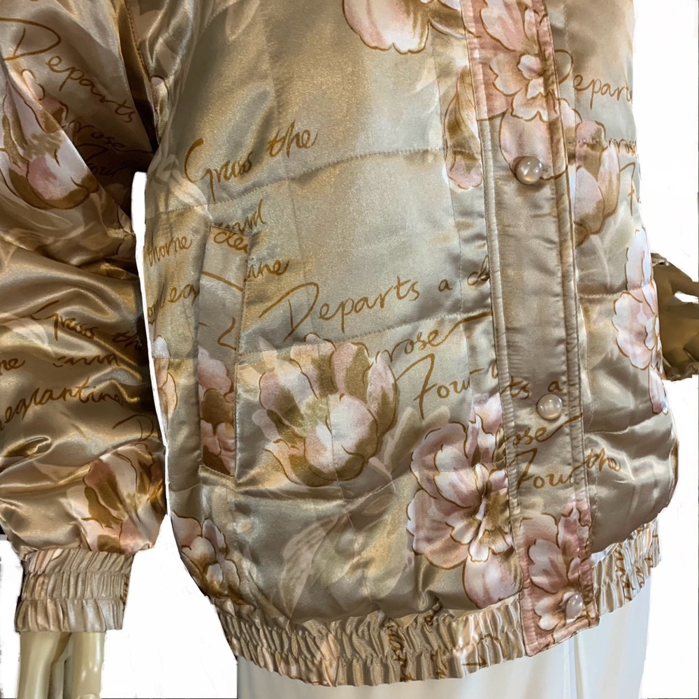 VINTAGE OLEG CASSINI FLORAL PRINT CREAM A  PINK BLUSH SATIN BOMBER JACKET (M) - Picture 7 of 13